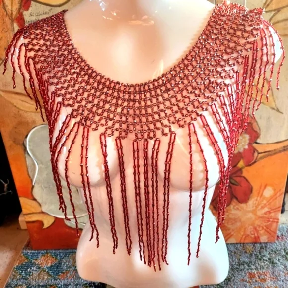 VTG Beaded Rust Sparkle Beaded Sparkly Elegant Shawl Shoulder Fringe Neck Collar - Picture 2 of 11